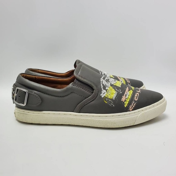 Coach Slip On Shoe C103 Sequin Studded Buckle Gray Sneakers Pointy Toe Sz 6.5 B - Picture 1 of 12